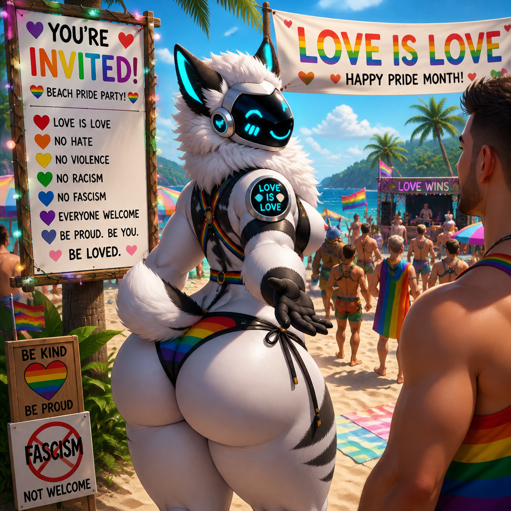 A well-made homosexual fluffy gay Protogen adult male character that wears a swimsuit and has thick thighs and a big round buttocks also has a short tail who’s invited a man into a party at the beach and has both nice views where love is love in pride month and there’s no hate and violence including racism allowed and fascism is not welcomed.