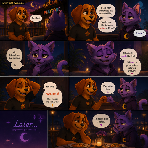 In a anthropomorphic smiling critters universe. DogDay the grownup fluffy doggo has a crush on CatNap (the grown pretty sleepy kitty cat) and asks for on a date. A well-made animated version. Living on an adulthood.