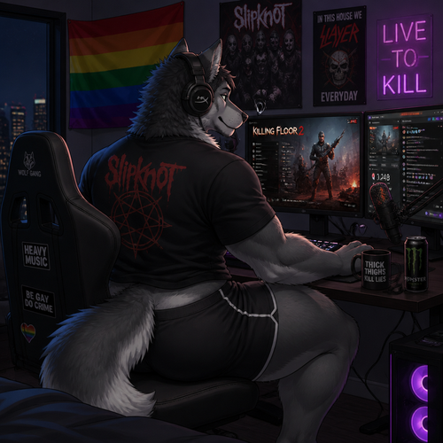 A well-made homosexual gay male Wolf with thick thighs, fluffy, and buttocks. Playing a game on PC “Killing floor 2” and listening to heavy music and earn views. Back/side view. Lives in an apartment. Animated version. Pride flag on a wall. His looks.