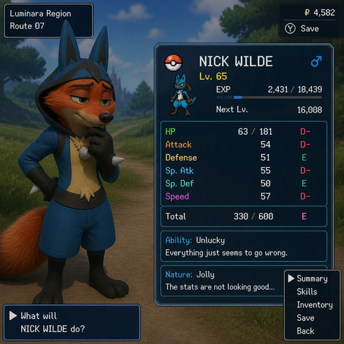 Nick Wilde wearing a Lucario themed outfit. His is inside a video game looking at his stats seeing he is level 65 with all bad stats.