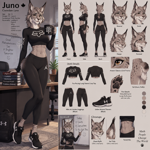 A beautiful lanky female anthropomorphic Canadian Lynx named Juno, has toned abs, has cheek ruffs and ear tufts like a normal lynx, is wearing a long sleeve fox racing crop top a pair of black Nike Air Jorden leggings and a pair of under armor trainers, wears glasses, her glasses are aviator frames, is a math teacher, is in a room alone, animated version, reference sheet, one big picture 