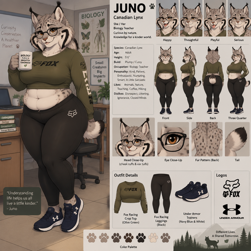 A pretty plump female anthropomorphic Canadian Lynx named Juno, has cheek ruffs and ear tufts like a normal lynx, her cheek ruffs are very full and have a black outline in the shape of a 7, is wearing a olive green long sleeve crop top and black leggings with a tight waistband thats makes her gut go over the waistband a little, both her crop top and leggings are fox racing brand, wears navy blue and white under armor trainers, wears glasses, her glasses are black aviator frames, is a biology teacher, is in a room alone, animated version, reference sheet, one big picture 