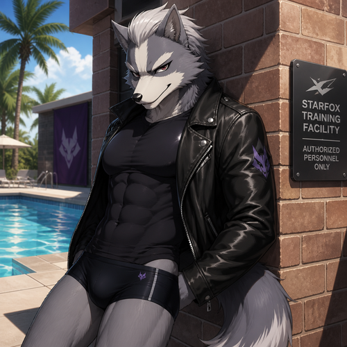Wolf O’Donnell wearing tight black swim trunks and a tight black shirt and a leather jacket. He has a smirk on his face and push the fur on his head back. He is leaning against a brick building near a pool. Anime style art