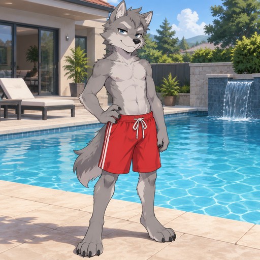 A middle school aged male grey dire wolf wearing loose bright red swim trunks, no shirt showing of abs. Standing in front of a swimming pool at his house with a smug smirk on his face. Anime art style, solo, full body.