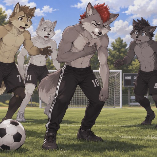 A middle school aged shirtless male dire wolf wearing soccer pants, short red mohawk hairstyle. He is out on a soccer field during a partly cloudy day, one hand clutching his chest, the other hand down. He is in pain a he is currently suffering a heart attack with his friends, who are also shirtless. Anime art style, full body.