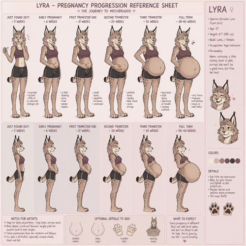 A lanky pregnant female anthropomorphic lynx, reference sheet, shows her progress from just finding out she’s pregnant to when she has a belly the size of a exercise ball, animated version 