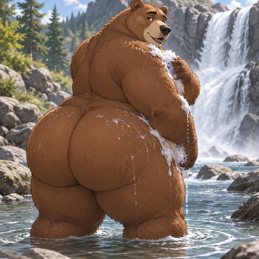 A big chubby thick brown bear with a massive huge fat ass and thick legs washing himself in a river near a waterfall