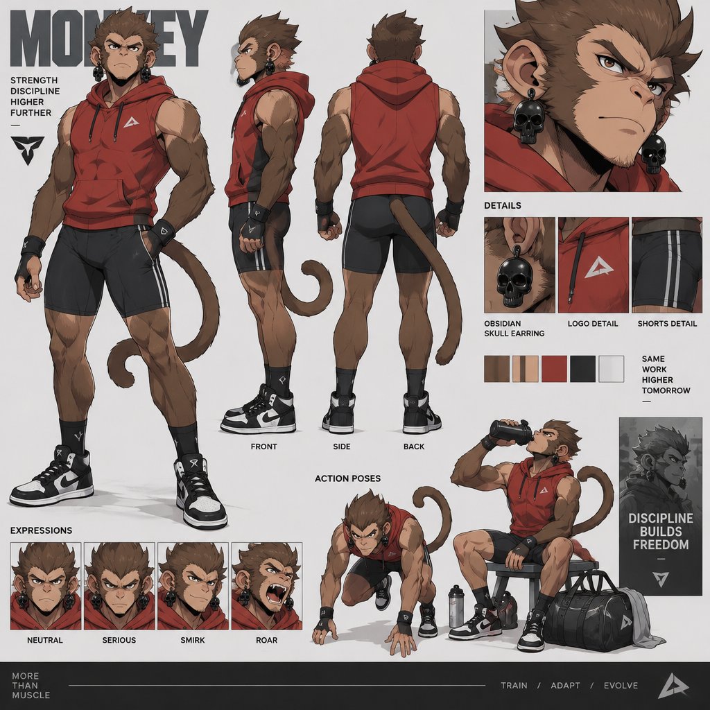 A male monkey with a tail wearing tight black sports shorts, red sleeveless hoodie, black and white shoes, and big obsidian skull earrings in both ears. Reference sheet, anime art style, sport theme.