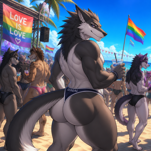A homosexual gay Sergal male character that wears a swimsuit and has thick thighs and big round buttocks also has long tail who enjoys the party at the beach. (Well-made view)