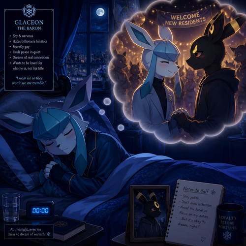 A nervous and shy Glaceon (the Barron) who’s sleeping at his bed at his mansion, dreaming about happily seeing Rick (the non-rich Umbreon male) at the welcoming party and holding hands. And smiling peacefully like being healed. Well-made animated version. A modern life. At midnight. A anthropomorphic universe. Secretly gay. Dislikes billionaire lunatics.