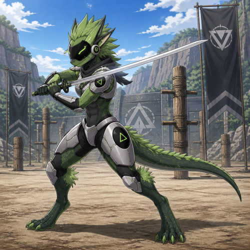 A young male reptilian protogen. He is at the practice grounds training with a sword. Anime art style, solo, full body.