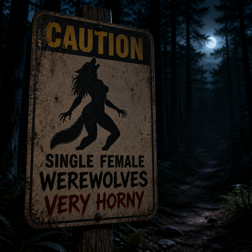 In a forest at night, a warning sign says; caution, single female Werewolves, very horny.