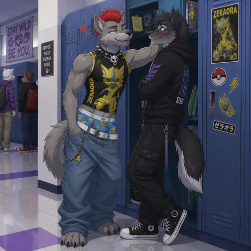 A high school aged male grey dire wolf wearing saggy jeans with Pokémon themed boxers poking up above the waistband, a zeraora themed tight sleeveless shirt, and a spiked collar snug around his neck with a wolf skull emblem hanging off it, with a short red mohawk hairstyle. He is at his locker at the high school flirting with a male friend. Anime art style, full body.