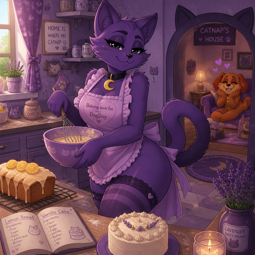 In a anthro critter verse, Catnap (with curvy thigh highs and eyeliner) the smiling critter, wears a apron while baking a lemon bread and vanilla cake for his boyfriend, DogDay. Lives in a cat house. Lavender scent. Well-made version.