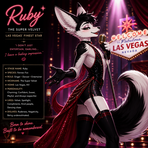 A well-made Black/white furred fennec Fox male named Ruby, wears something attractive for entertainment for a show by self to dance/sing. Wears eyeliner and lipstick. Has a bushy tail. A grown femboy anthro. A star in Las Vegas. Well groomed. Side view. Animated verse. Has good personality. Being a super velvet.