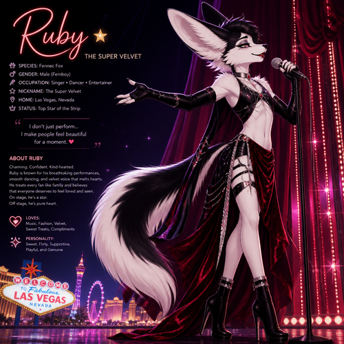 A well-made Black/white furred fennec Fox male named Ruby, wears something attractive for entertainment for a show by self to dance/sing. Wears eyeliner and lipstick. Has a bushy tail. A grown femboy anthro. A star in Las Vegas. Well groomed. Side view. Animated verse. Has good personality. Being a super velvet.
