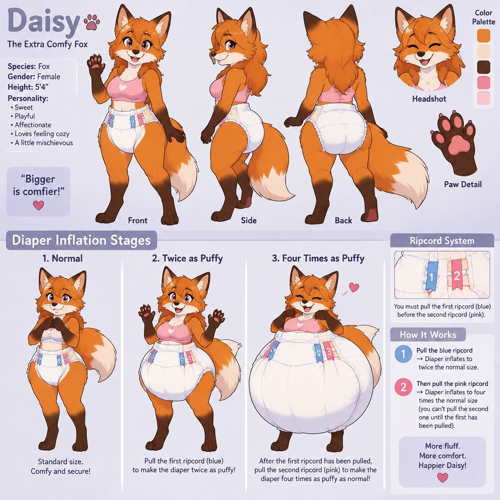 A female anthropomorphic fox named Daisy, wears a big puffy diaper, has a ripcord on her diapers that make them twice as puffy when she wants them to be, has a second ripcord that makes her diaper four times as puffy as normal, shows her diaper normal and twice as puffy and four times as puffy, has to pull the first ripcord before the second one, reference sheet