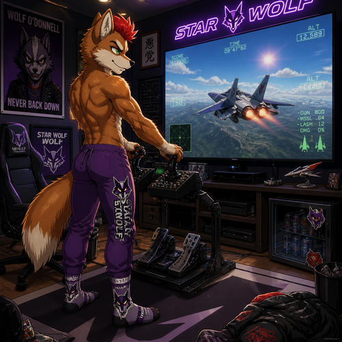 A high school aged delinquent Fox McCloud wearing tight purple Star Wolf sweatpants, shirtless showing 16 pack of abs, red mohawk, and Wolf O’Donnell themed socks. Playing a jet fighter simulator game on a 75 inch tv in a game room with realistic flight controls. Anime art style, solo, full body.