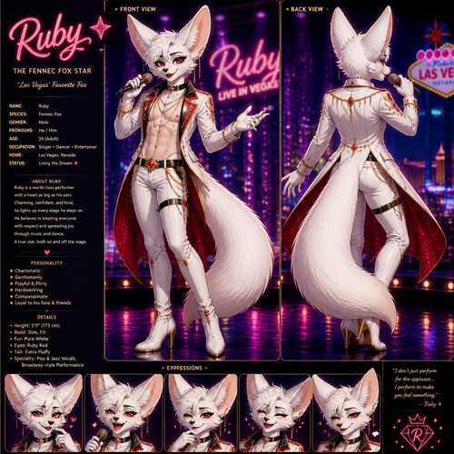 A well-made white furred fennec Fox male named Ruby, wears something attractive for entertainment for a show by self to dance/sing. Wears eyeliner and lipstick. Has a bushy tail. A grown femboy anthro. A star in Las Vegas. Well groomed. Front/back view. Animated verse. Has good personality.