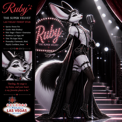 A well-made Black/white furred fennec Fox male named Ruby, wears something attractive for entertainment for a show by self to dance/sing. Wears eyeliner and lipstick. Has a bushy tail. A grown femboy anthro. A star in Las Vegas. Well groomed. Side view. Animated verse. Has good personality. Being a super velvet.