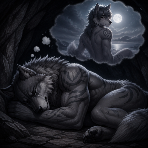 A well-made big and strong alpha male grey wolf tribal adult who is very sad and alone in a cave, sleeping yet sob a little, and dreaming in thoughts of how much he misses his ex-mate the grown femboy omega male grey wolf tribe in his sleep.
