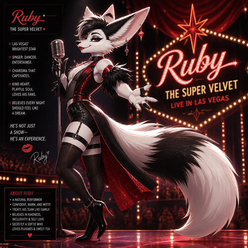 A well-made Black/white furred fennec Fox male named Ruby, wears something attractive for entertainment for a show by self to dance/sing. Wears eyeliner and lipstick. Has a bushy tail. A grown femboy anthro. A star in Las Vegas. Well groomed. Side view. Animated verse. Has good personality. Being a super velvet.