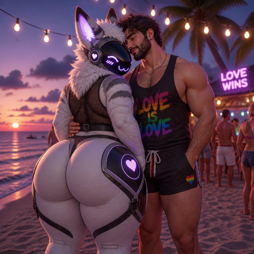 A well-made happy fluffy gay Protogen (male character) with thick thighs and a huge butt also has no tail while being with a gay man holding together in closeness at the party of a beach at dusk. Hand on hips.