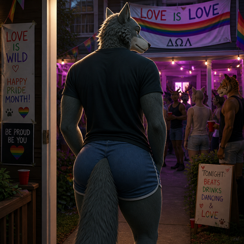 Legoshi from Beastars universe with big butt and wears shorts who’s been invited at a college party on pride month. Back view.