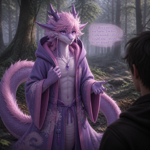 A well-made grown femboy pink and purple furred male character, a anthro Lung dragon that wears a robe with a hoodie who came out of nowhere in a forest and lost but also sees a human and wonder if like to be friends and hoped for not being tricked or worse.