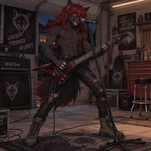 A middle school aged male anthropomorphic black wolf wearing torn leather pants, shirtless showing off a 4 pack of abs, long red hair, 4 silver wolf skull rings, gold earrings located at the curve of his right ear, and grey leather combat boots. He is in his garage shredding on a guitar and singing into a microphone. Anime art style, full body.