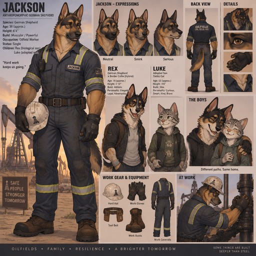A muscular male anthropomorphic German named Jackson that has a son named Rex and a adopted son named Luke, is a oilfield worker, Rex is a German shepherd and border collie hybrid, Luke is a tabby cat, Jackson is single, reference sheet, one big picture