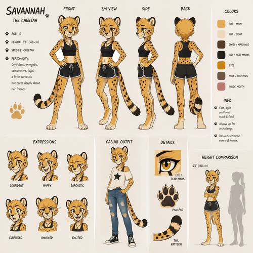 A teenage female anthropomorphic cheetah, reference sheet, animated version 