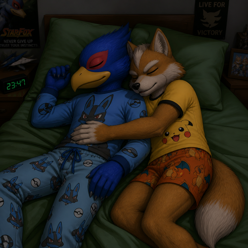 Falco Lombardi wearing Lucario themed sleepwear. He is sleeping on a bed with green sheets. Sleeping next to him is his boyfriend Fox McCloud wearing Charizard theme boxers and a Pikachu theme shirt.