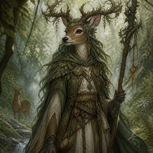 A young anthropomorphic doe druid of Mielikki with a full cervine face, elegant leaf-woven antlers, muted fern-green hair, layered practical druid clothing, and a quiet mystical woodland presence, illustrated in painterly fantasy concept art.