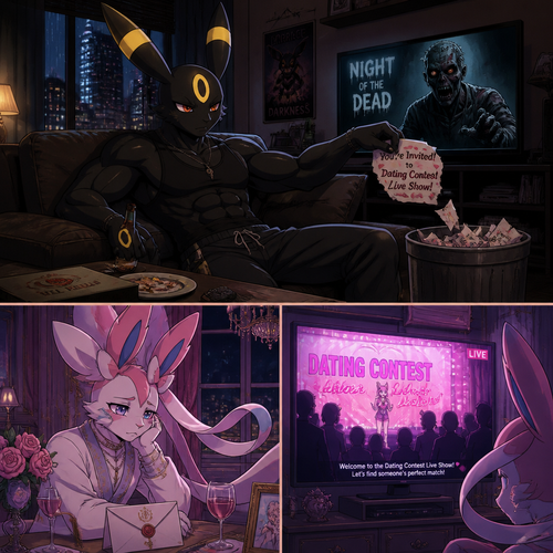 In a anthro Pokemon universe. A grown non-rich Umbreon male who lives in a apartment alone who’s ripped the envelope that says; your invited to dating contest live show (Much like on a date challenge); from the grown wealthy Sylveon male (the Barron) and then put it on a trash while continues to watch a zombie horror movie on television, while the Barron just wanted a boyfriend and to love while feeling something is not right and didn’t shown while the live show starts (sadly or is) for where is. A well-made animated modern life version.