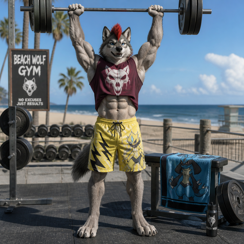 A teenage male dire wolf wearing loose Zeraora themed swim trunks, a maroon sleeveless shirt with a wolf skull design and a short red mohawk hairstyle. The sleeveless shirt is riding up showing off a 8 pack of abs as the dire wolf is lifting weights over his head at an outdoor beach side gym. On a bench next to him lays a Lucario style towel. Solo full body