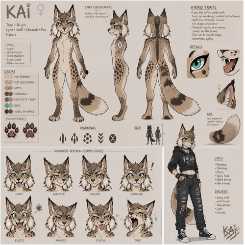 A teenage anthropomorphic female wolf cheetah fox and lynx hybrid, has lynx cheek ruffs, reference sheet, animated version 