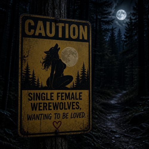 In a forest at night, a warning sign says; caution, single female Werewolves, wanting to be loved.