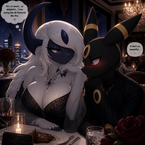 A well-made busty female Pokemon character, Absol. wears an elegant dress and eyeliner. Tall and gorgeous. Dating a shy male Umbreon with a blush. Patient. Has a flirty feeling. Thinking about how sweet and delightful. On a fancy restaurant at night.
