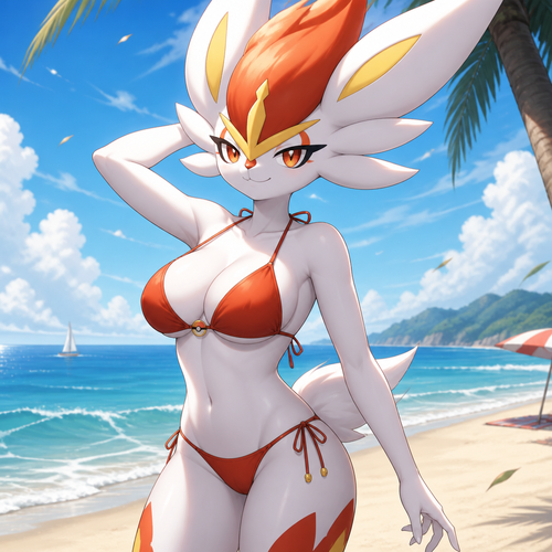 A well-made female Pokemon character, Cinderace. wears bikini and having a nice warm breeze at the beach.