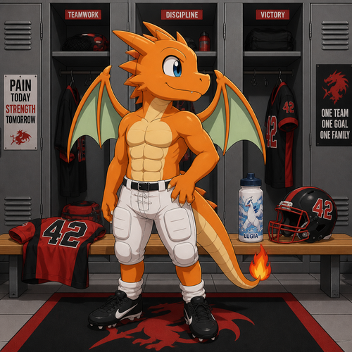 A elementary school aged orange male dragon wearing white football pants, black football shoes standing in the locker room. We can see 6 pack of abs as he is looking over his shoulder. On a bench between the football lockers lies a a red and black football jersey, a Lugia themed water bottle, and a red and black helmet with the number 42 on the sides. Anime style, front view, full body.