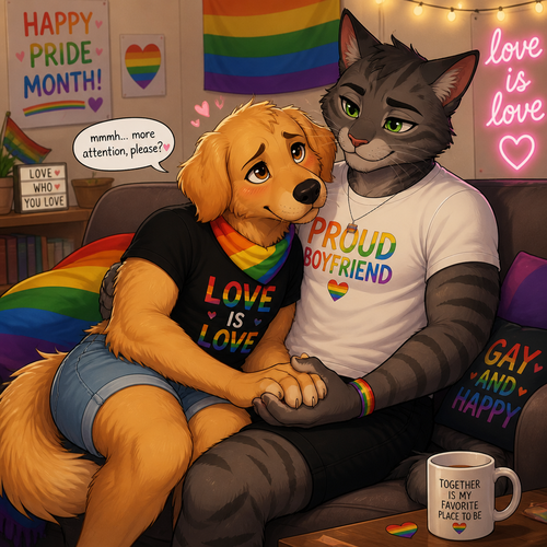 In a anthro universe, A homosexual male golden retriever with floppy ears who sits on a male cat’s leg while giving a needy look. Both boyfriends. Holding hands. Today’s pride month. Animated version.