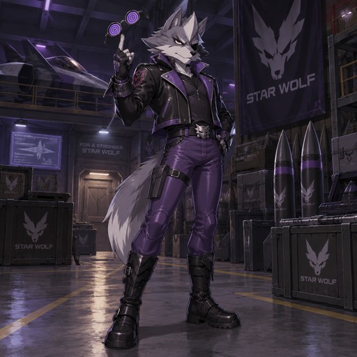 Wolf O’Donnell wearing a black with purple accents leather jacket and tight purple leather pants and black combat boots. He is standing in a secret Star Wolf warehouse, right hand raised spinning hypnotizing glasses with his index finger. Anime art style, full body.