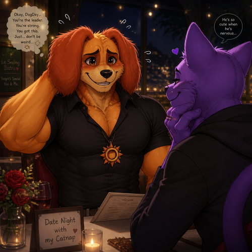 DogDay, a well-made grown anthro smiling critter (a leader of the smiling critters) with buff body and nervous about on a date with his boyfriend, Catnap.
