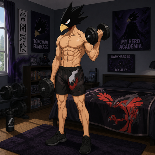 Tokoyami Fumikage wearing Darkrai themed shorts with a bulge, shirtless showing off 16 pack of abs, and black tennis shoes. He is in his bedroom lifting weights. On his bed is a Yveltal towel. Anime style, solo, full body.