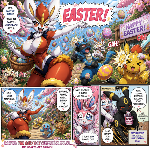 A busty well-made fluffy female Pokemon character, Cinderace. Who celebrates on today’s Easter Day and shouts, EASTER! And wrecking up a place like a crazy party gal while she knocked other Pokemon by throwing eggs at them but A cute but creepy but a gay male Sylveon just as sad and irritating about being ignored by a male Umbreon while eating a healthy yogurt distracted and appreciated. All well-made characters. A dramatic and a funny comedy show. A comic views. Spring season. No mistakes.