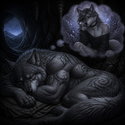 A well-made big and strong alpha male grey wolf tribal adult who is very sad and alone in a cave, sleeping yet sob a little, and dreaming in thoughts of how much he misses his ex-mate the grown femboy grey wolf omega tribe and wishes to be together in his sleep.