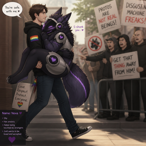 A shy (well-made original character) thick grown Protogen who’s been carried by a friendly/loving Human male as a liberal and a Protogen lover who is saving from the haters. Well-made animated version. Side view.