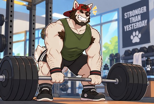 Muscular furry bear lifting a barbell in a colorful cartoon gym scene.