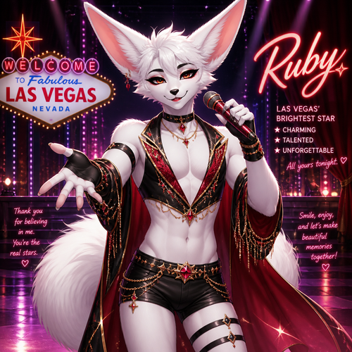 A well-made white furred fennec Fox male named Ruby, wears something attractive for entertainment for a show by self to dance/sing. Wears eyeliner and lipstick. Has a bushy tail. A grown femboy anthro. A star in Las Vegas. Well groomed. Front view. Animated verse. Has good personality.
